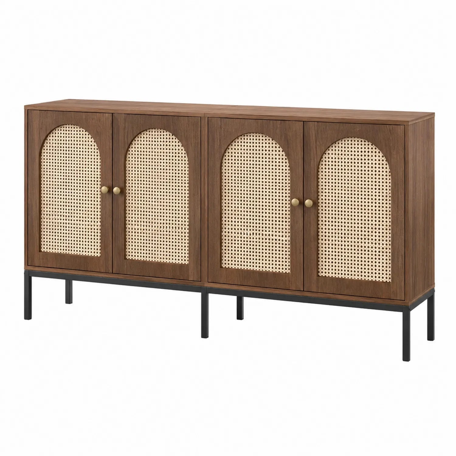 Credenza buffet quattro ante in legno e rattan con gambe in metallo 150x40x80 cm