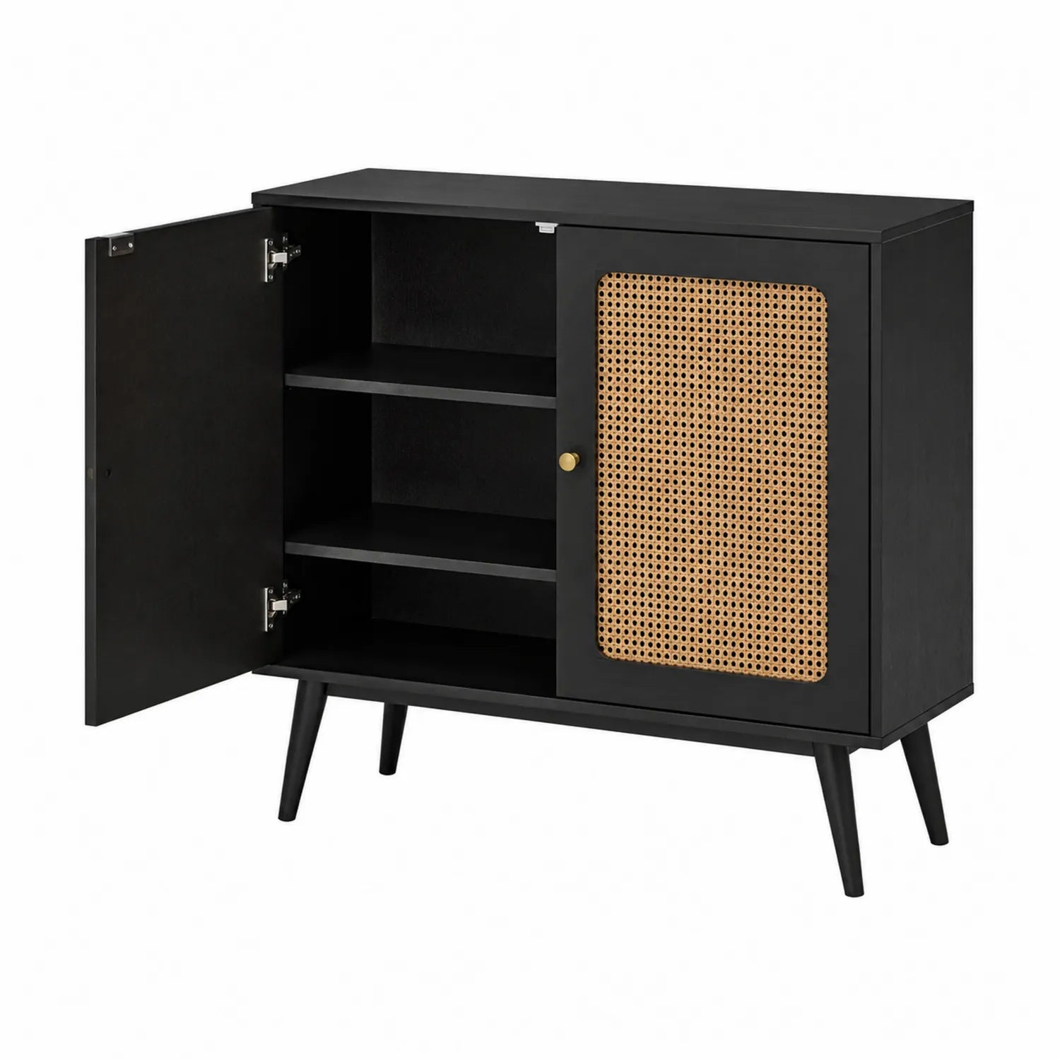 Credenza nera in legno con porta in rattan