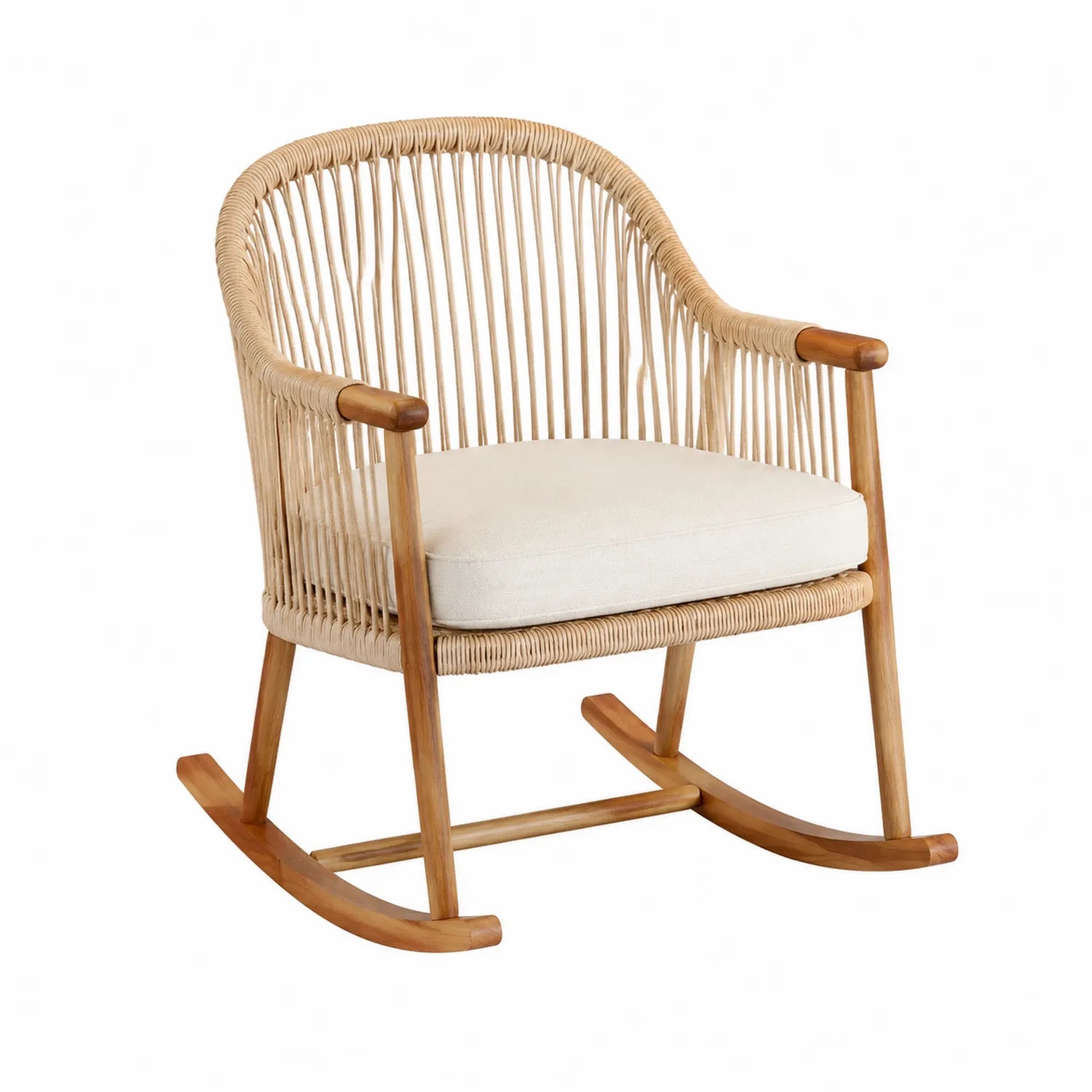 Sedia a dondolo in rattan e legno di teak con cuscino crema