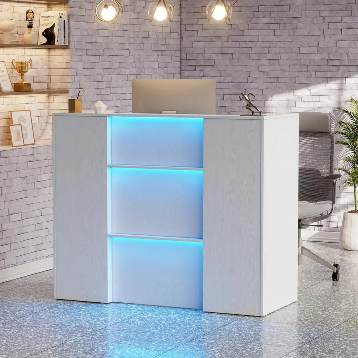 Bancone Reception con LED e Cassetti Chiudibili, 120x100x50 cm, Mobili per Hotel e Uffici