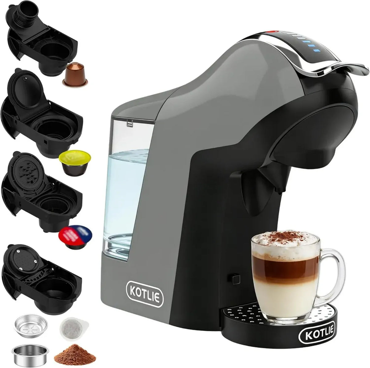 Macchina da caffè a capsule EM-308B 5 in 1, 19 bar, compatibile con Nespresso, Dolce Gusto e cialde ESE, serbatoio 1L, 3 temperature e 7 livelli d'acqua