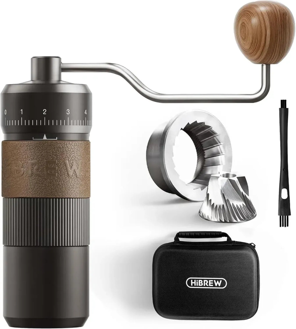 HiBREW G4B Macinacaffè Manuale con Regolazione Esterna, Macine Coniche in Alluminio, Impostazioni Numeriche e Custodia da Viaggio, Grana da Grossa a Fine per Espresso
