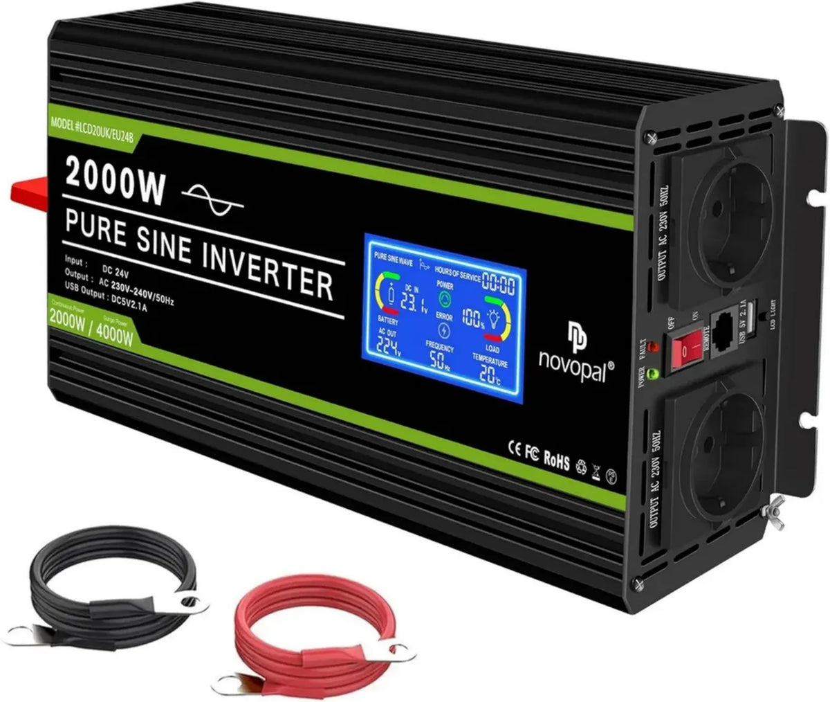 Inverter a Onda Sinusoidale Pura 2000W NOVOPAL, DC 24V a AC 220V con Display LCD, 2 Prese EU e Uscita USB, Telecomando da 5 Metri per Camion e Campeggio