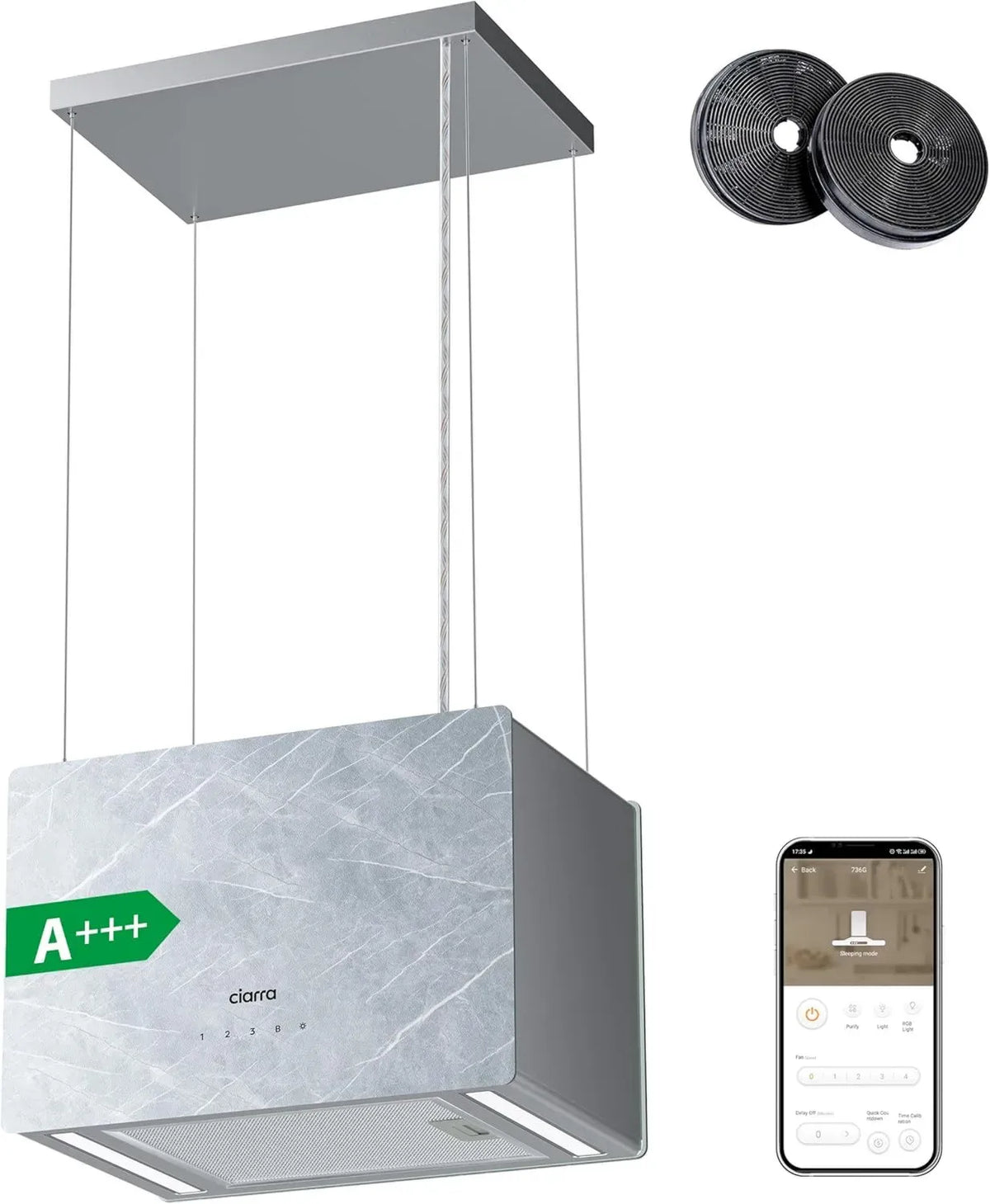 Ciarra Cappa a Isola 48cm Wi-Fi Smart 700m³/h Ricircolo d'Aria con Booster 4 Velocità CBCW4850