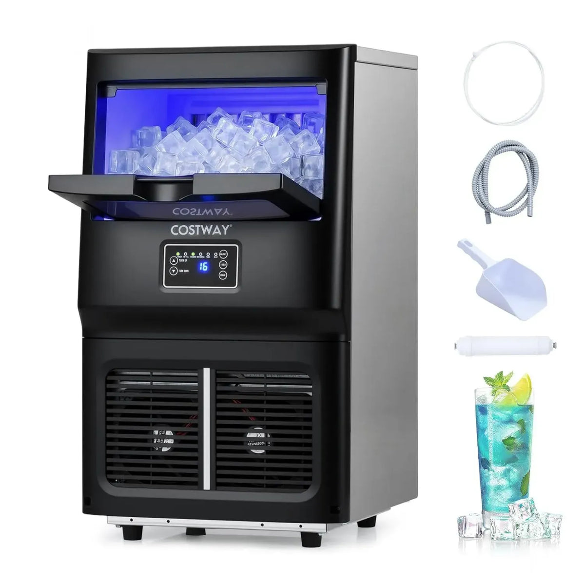 Macchina per Ghiaccio in Acciaio Inox 30 kg, Ideale per Bar e Ristoranti, con Funzione Autopulente