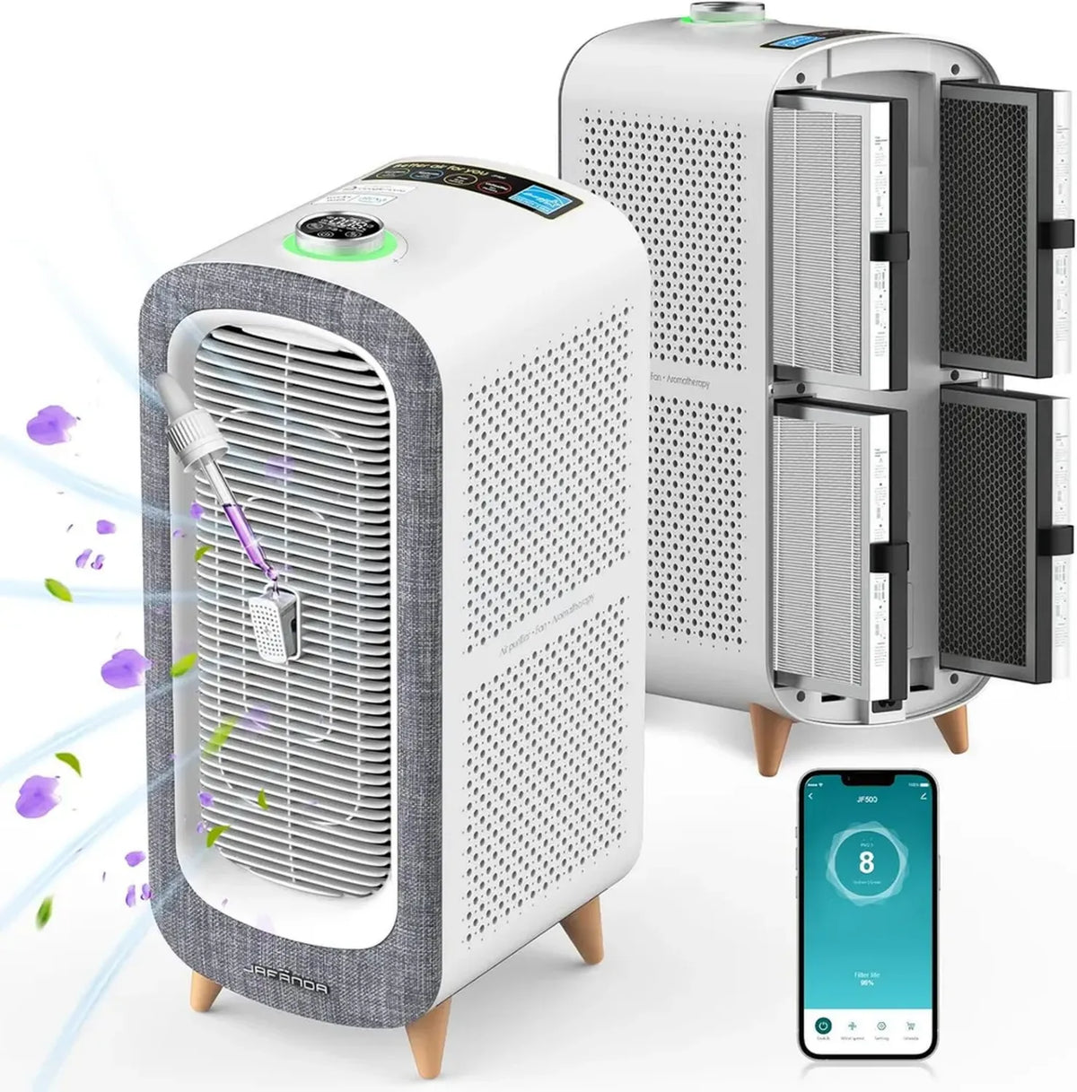 Jafända Purificatore d'Aria HEPA con Aromaterapia e WiFi Intelligente, CADR 460 m³/h per 240 m², Controllo Allergeni e Modalità Silenziosa