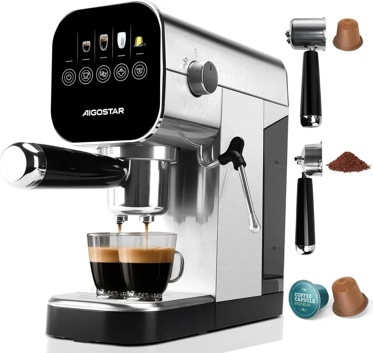 Macchina da Caffè Aigostar, Capsule e Caffè Macinato, 0,9L, 1350W, 20 Bar, Display LCD Touch, Montalatte Integrato, Acciaio Inox