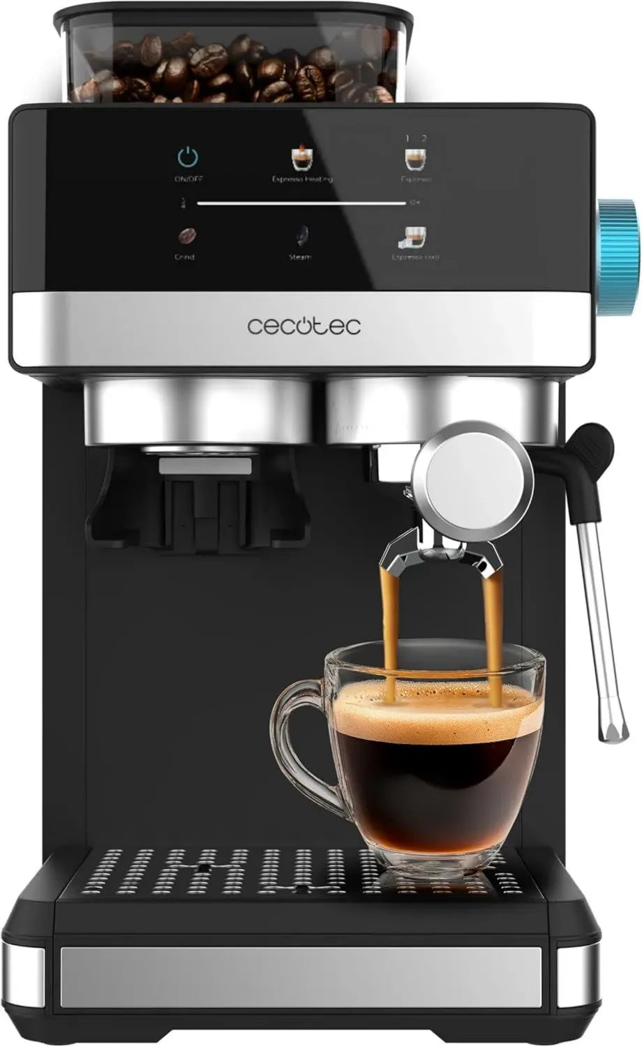 Macchina da Caffè Cecotec Espresso 20 Grind+, 1350W, 20 Bar, Display Touch, Sistema Thermoblock, Serbatoio 1,7L, 20 Livelli di Macinatura, Caraffa 150g, Schiumalatte, Funzione di Sicurezza