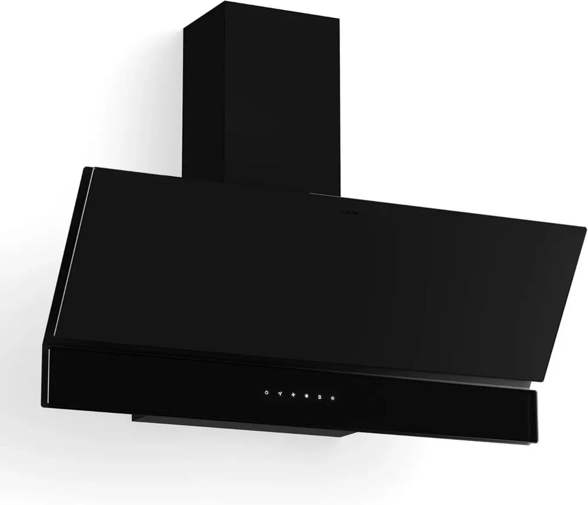 Cappa Aspirante Klarstein Velaire 90 cm, 820 m³/h, Touch Invisibile, LED, Efficienza Energetica A++, 3 Velocità più Boost, Filtro Carbone e Alluminio, Design Angolare, Nero