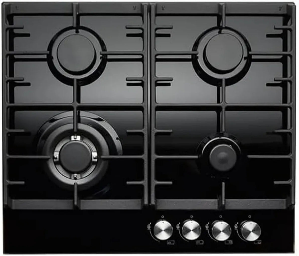 Piano Cottura a Gas Teknix, 60 cm, Vetro Nero, Bruciatore Wok Potente