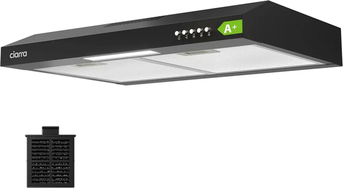 Cappa Aspirante CIARRA 60cm, Classe A+, 3 Velocità, Modalità Ricircolo ed Espulsione, Nero con Filtro al Carbone