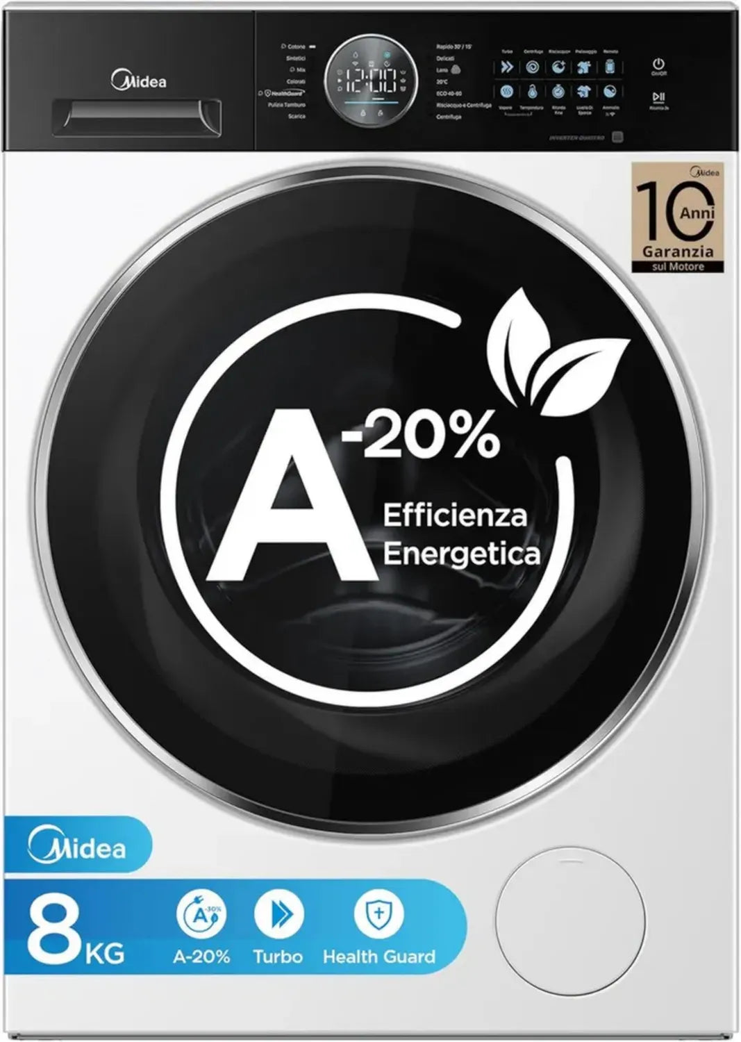 Midea Lavatrice 8kg a Carica Frontale, Classe A+++, Motore Inverter Silenzioso, 1400 Giri, Funzione Vapore, Pannello Touch, Lavaggio Efficiente, Bianco