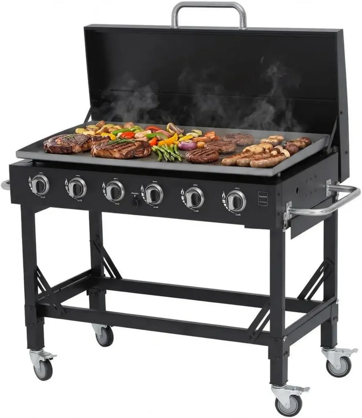 Griglia a Gas Professionale con 6 Bruciatori, Superficie 108x53 cm, Nero, Copertura Inclusa