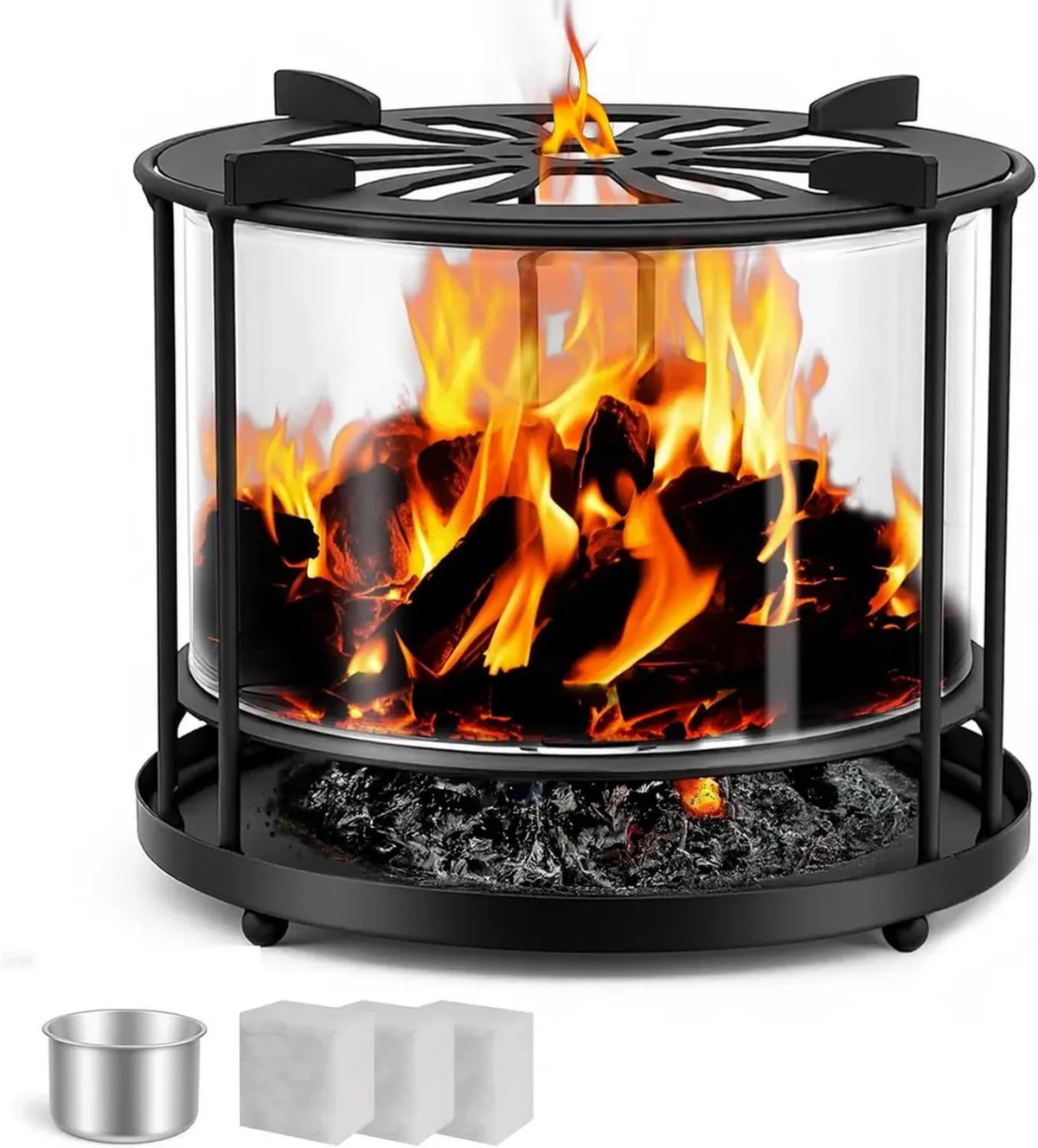 Focolaio in acciaio inox con paravento in vetro per ambienti interni ed esterni, compatibile con legno e carbone 16x16x15 cm