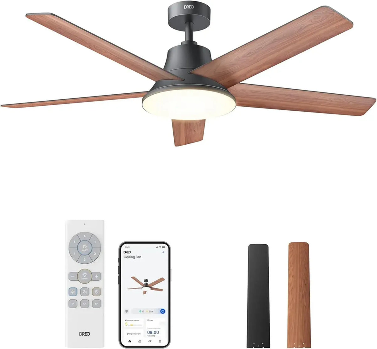 Ventilatore a Soffitto Intelligente 132 cm con Luce LED, 12 Velocità, Modalità Regolabili, Timer e Motore Silenzioso, Compatibile con App, Telecomando e Alexa