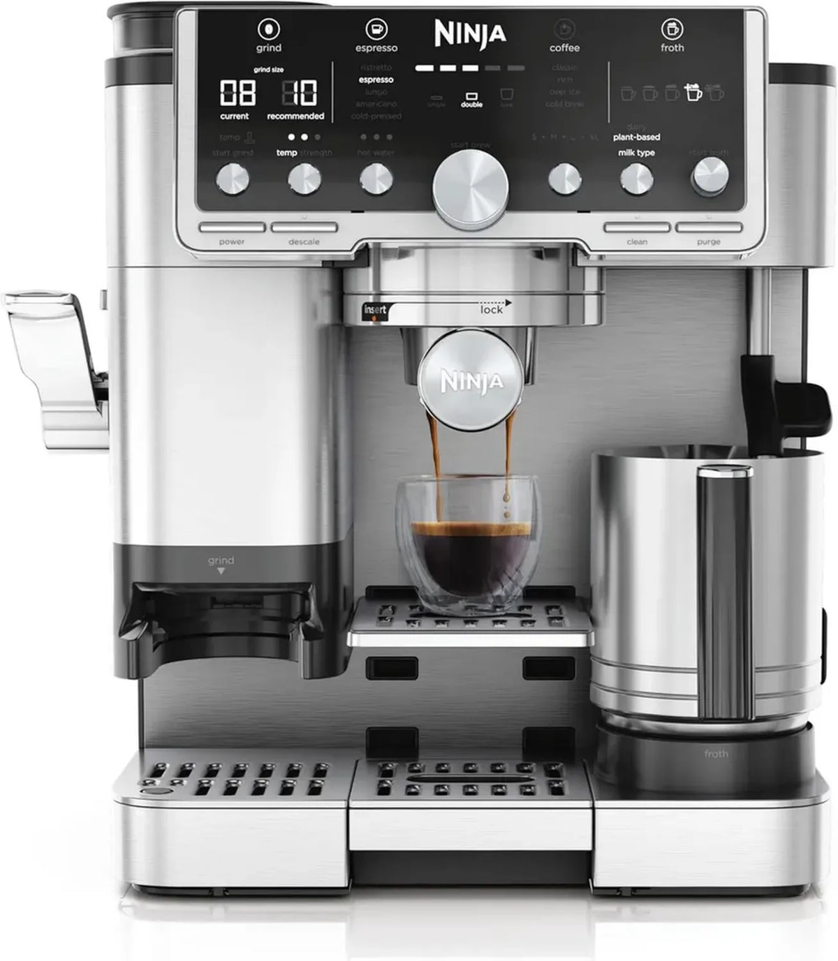 Ninja Macchina da Caffè 3 in 1, Espresso, Latte e Cappuccino, con Macinacaffè e Montalatte Integrati, 5 Programmi Automatici, Argento, Modello ES701EU