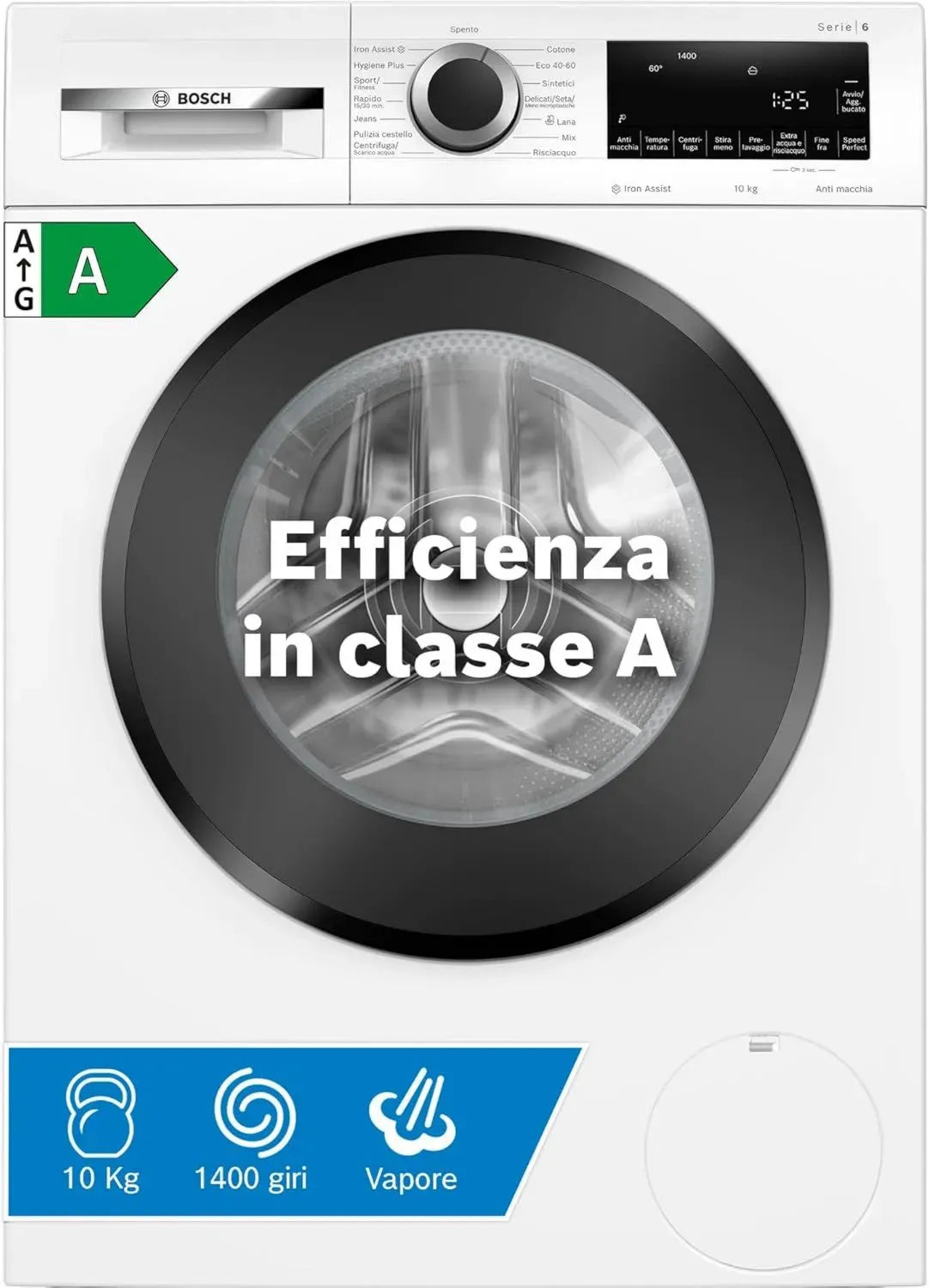 Bosch Serie 6 Lavatrice frontale 10 kg, 1400 giri, Classe A, motore inverter 10 anni garanzia, anti-piega, Bianco 60 cm