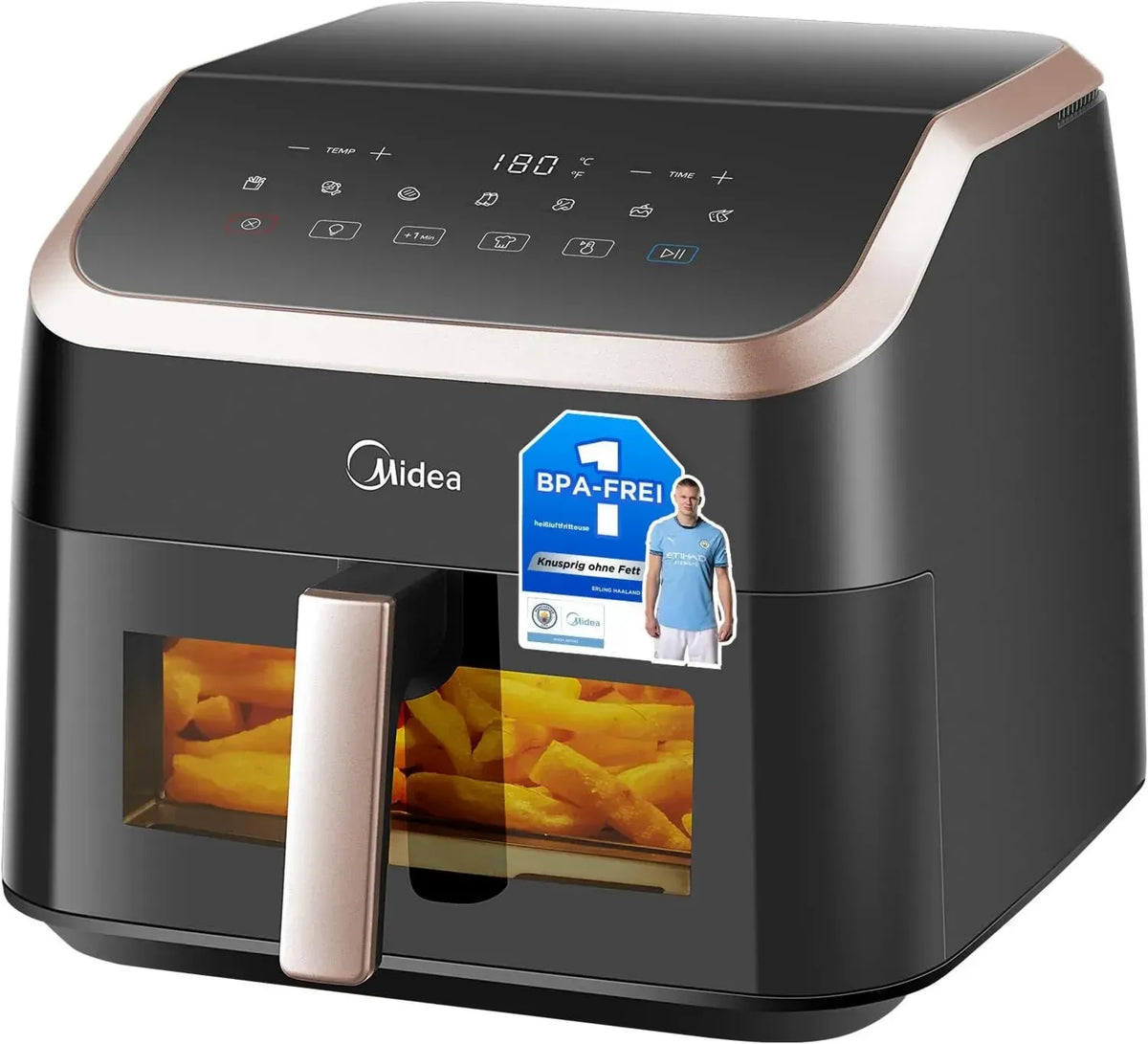 Friggitrice ad Aria Midea 8.5 L con Cestello Vetro e Luce LED, 8 Programmi Integrati, Fino a 200°C, 2200W, Cottura Senza Olio