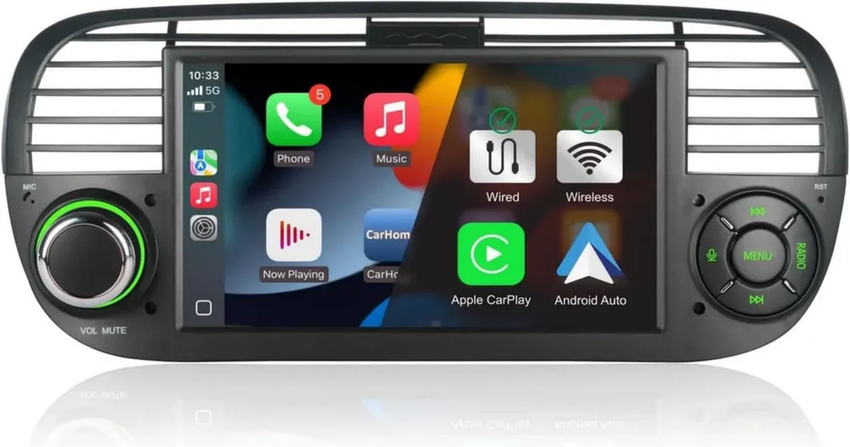 Sistema multimediale per Fiat 500 2007-2015 con CarPlay wireless e Android Auto, schermo da 7 pollici - Nero