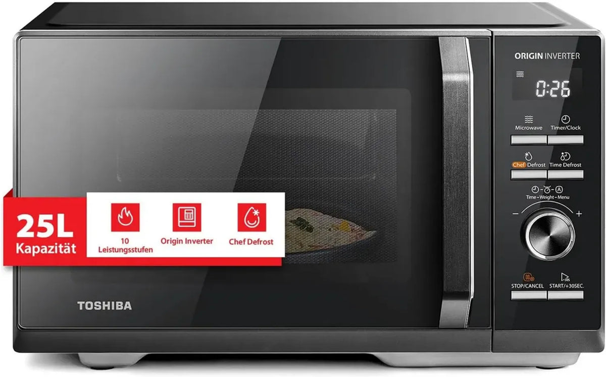 Toshiba Forno a Microonde 25L 900W Nero Inverter, Scongelamento Chef, 10 Livelli Potenza, 7 Programmi Automatici, Facile Pulizia