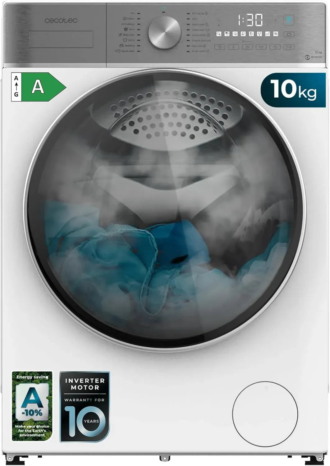 Lavatrice Frontale Cecotec Bolero DressCode 10800, 1400 RPM, 16 Programmi, Classe A, Motore Inverter, Vapore SteamMax