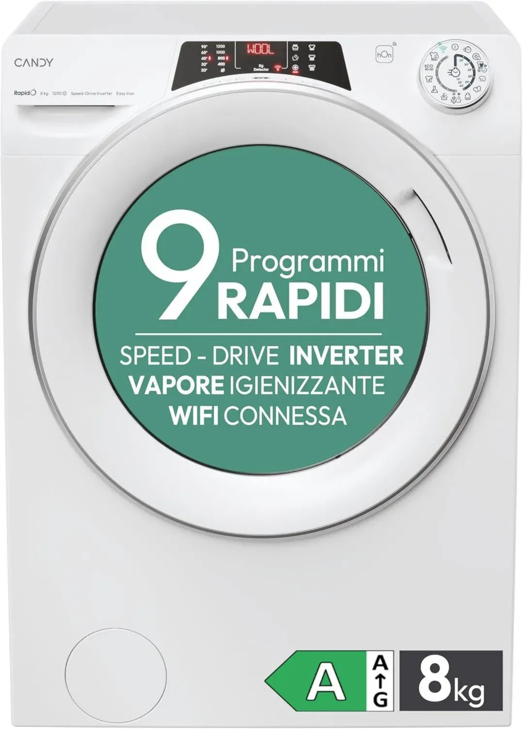 Lavatrice Candy RapidO 8 Kg 1200 Giri, Wi-Fi, Vapore, Cicli Veloci, Classe A, Bianco