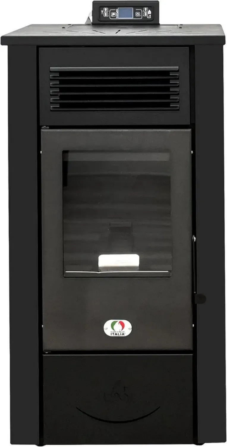 Stufa a Pellet Canalizzata 14KW per 130m², 89% Efficienza, Autonomia 15H, Programmabile, Nero