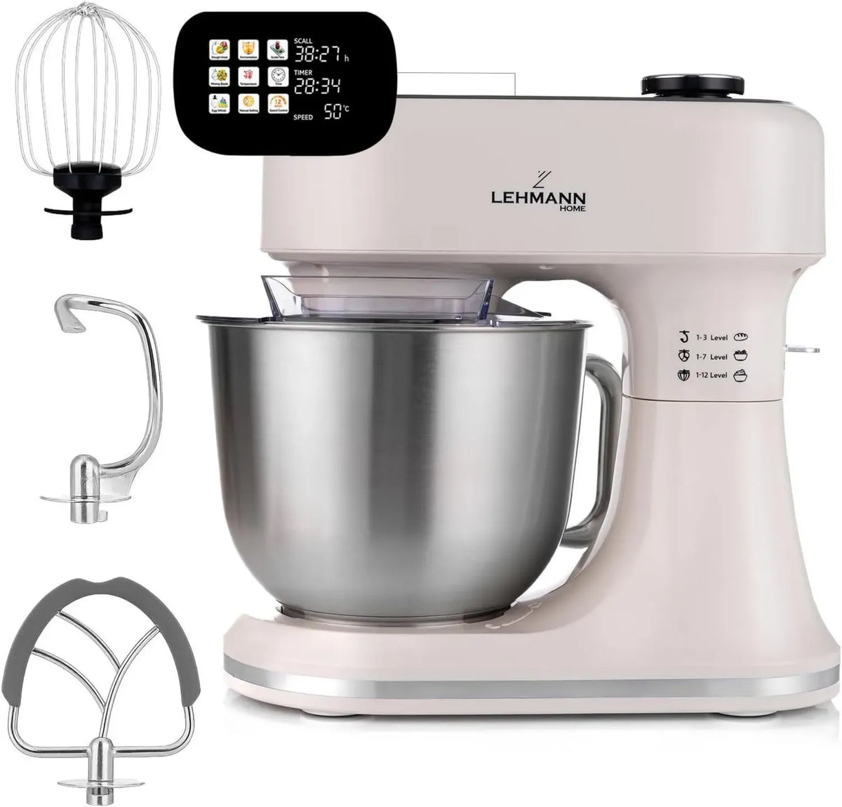 LEHMANN Robot da Cucina 1500W con Display, Funzione Fermentazione, Riscaldamento e Bilancia, 12 Velocità, Timer, Ciotola 5L, Accessori Inclusi
