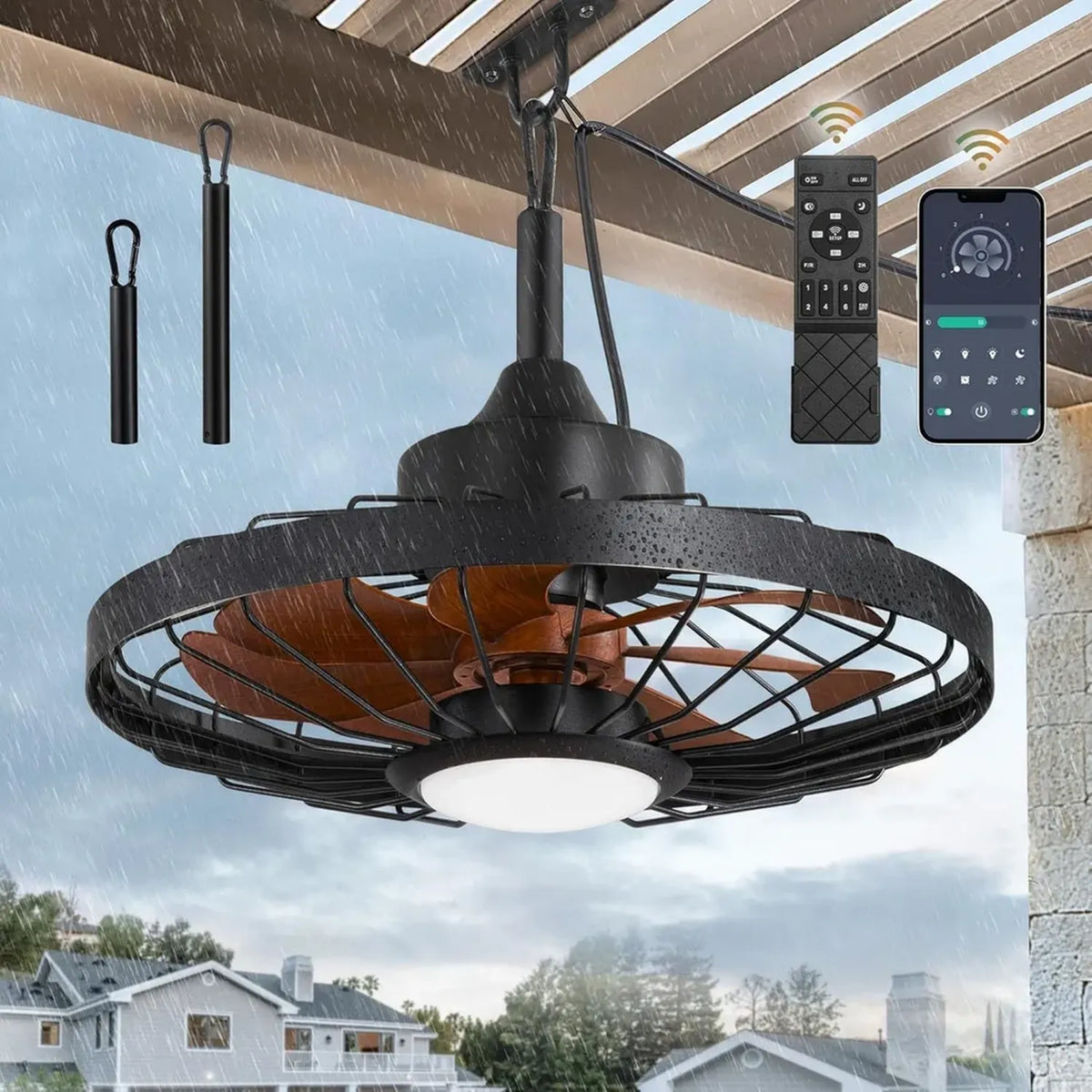 Ventilatore da soffitto moderno LED con telecomando, IP65 impermeabile, silenzioso e dimmerabile per interni ed esterni