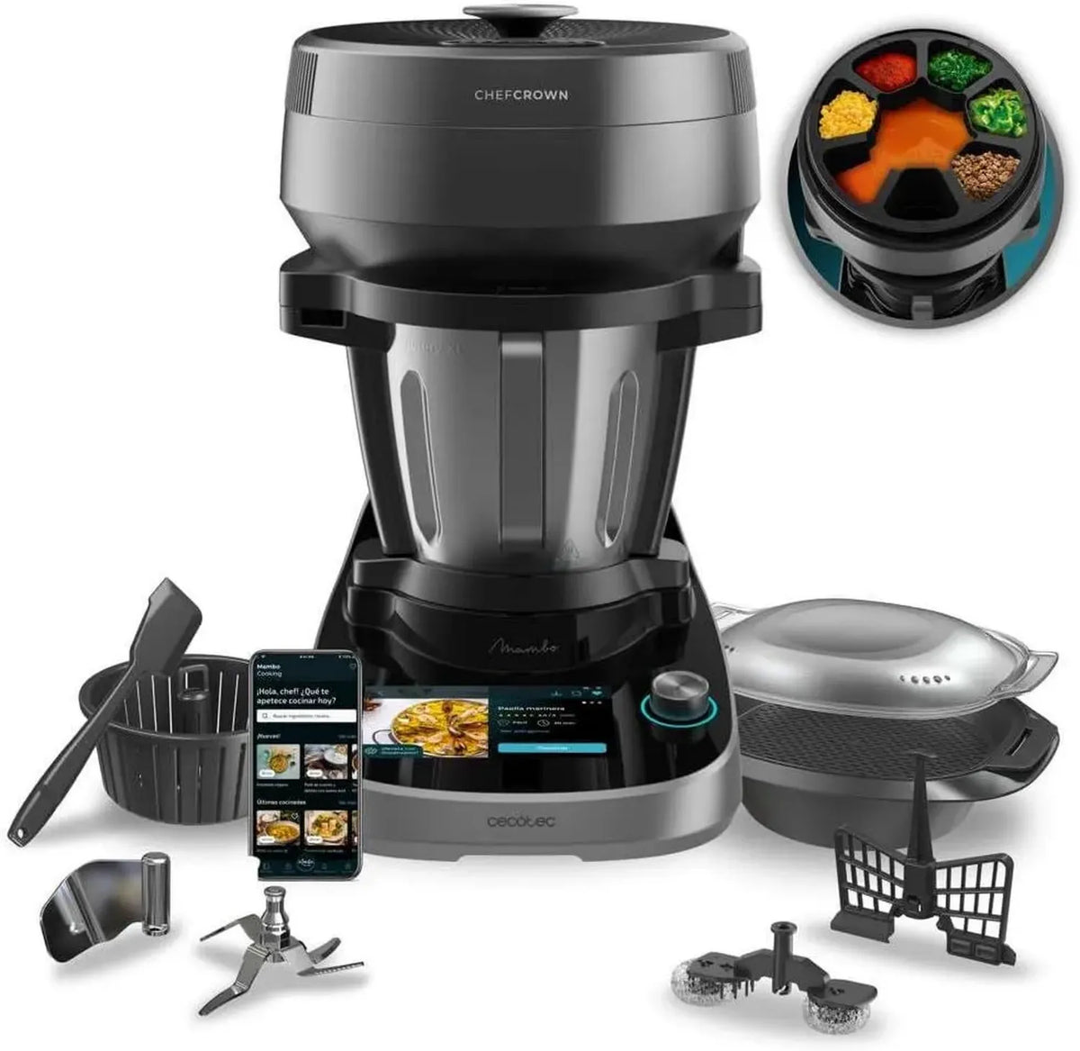 Cecotec Robot da Cucina Multifunzione Mambo CooKing Victory, 1700W, 45 Funzioni, Ricette Guidate, Brocca 5L, Accessori Vaporiera e Cestello