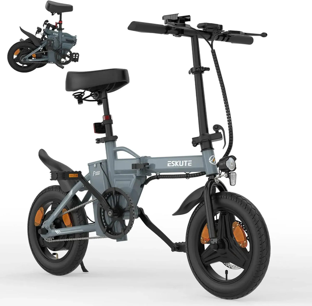 Bicicletta Elettrica Pieghevole ESKUTE F100 14' per Adulti, Batteria 36V 9Ah, Velocità 25 km/h, Autonomia 35-60 km, Display LCD, Porta USB, Sella Comoda per Pendolari