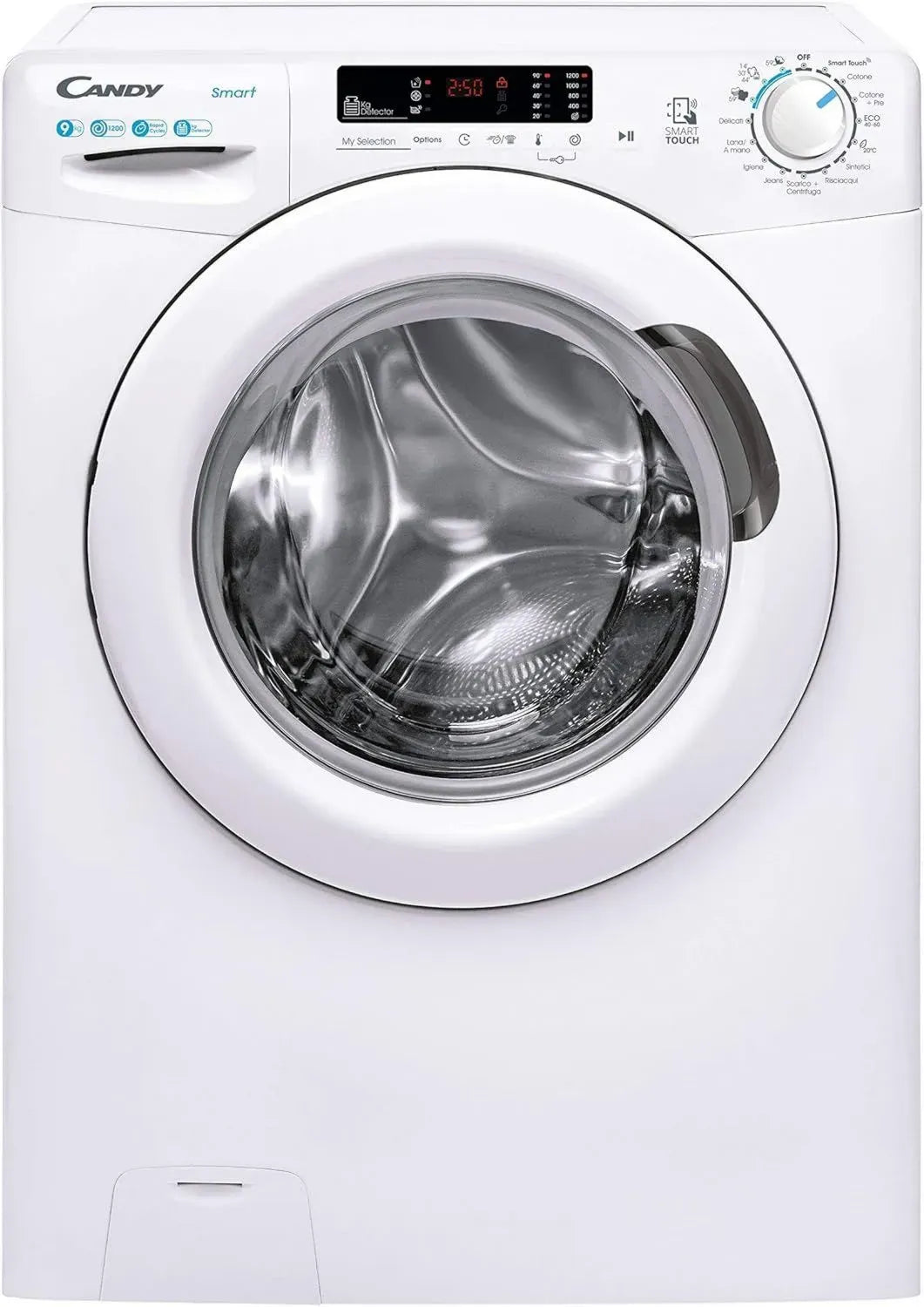 Lavatrice Candy 9 Kg, 1200 Giri, 16 Programmi, NFC, Cicli Veloci, Sensore Peso, Classe Energetica D, 60x52x85 cm, Bianco