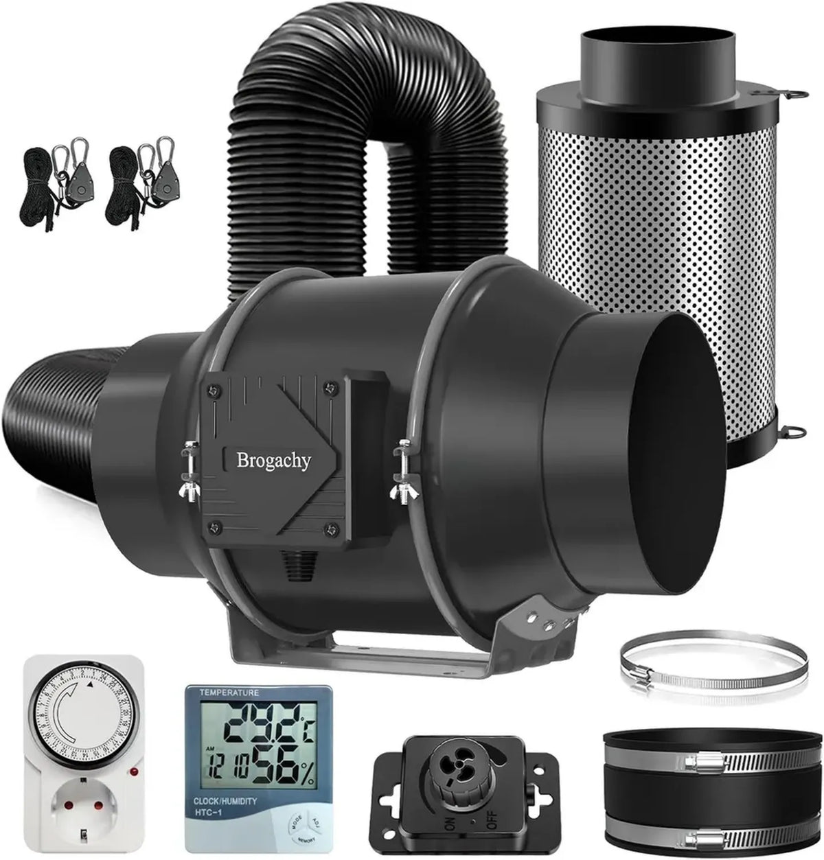 Kit Ventilatore in Linea 150mm con Timer e Filtro Carbone per Coltivazione Idroponica