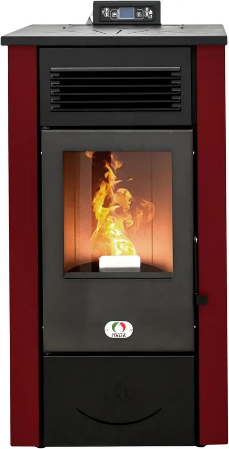 Stufa a Pellet Italia 12KW Canalizzata 5 Stelle - Riscaldamento Efficiente per 120m², Autonomia 15 Ore, Programmabile, 5 Velocità, Garanzia 2 Anni, Colore Rosso
