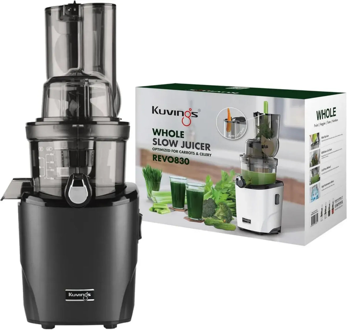 Estrattore Kuvings REVO830 Nero Opaco con Doppia Apertura e Sistema di Taglio Automatico