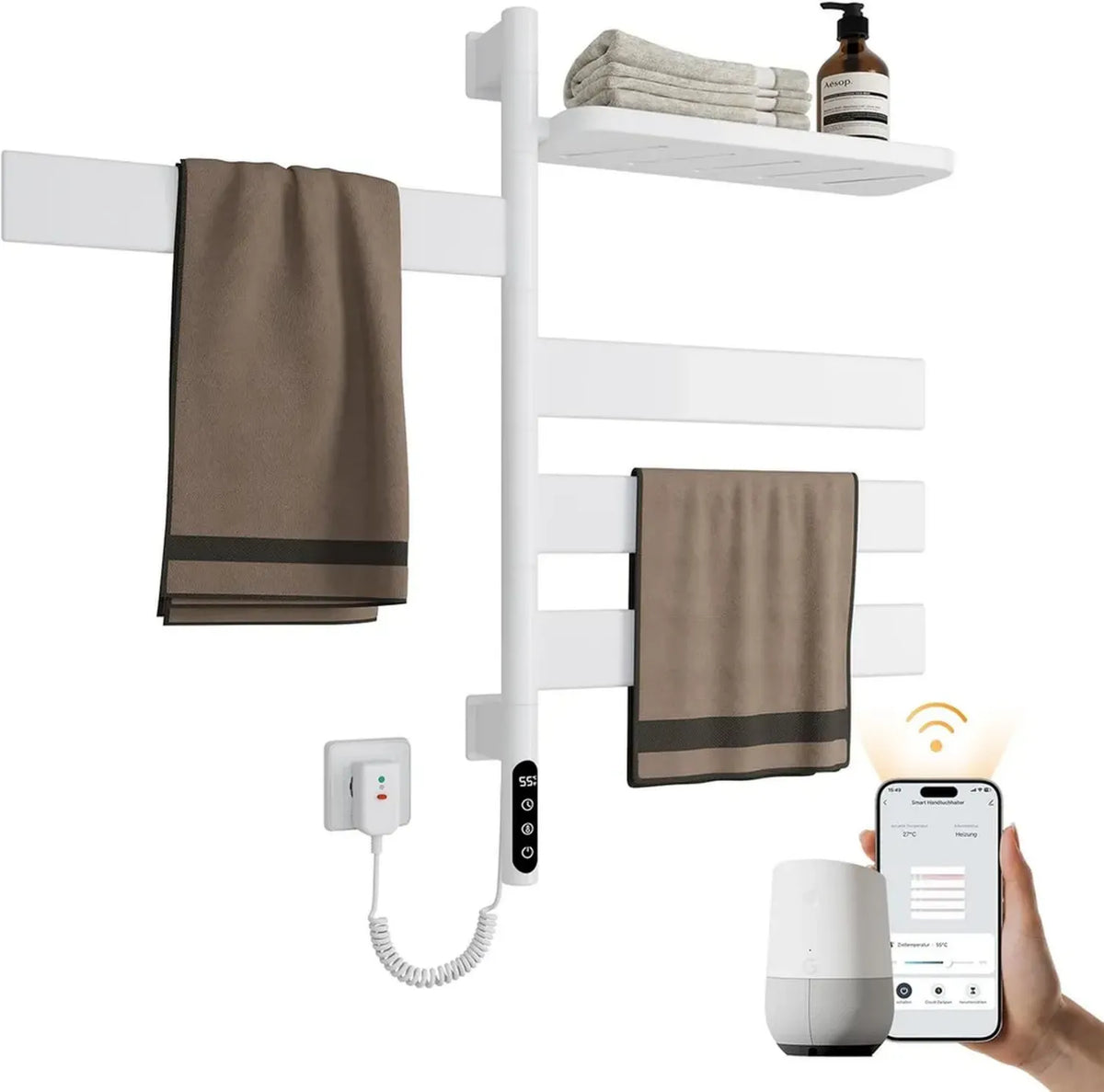 Scaldasalviette Elettrico EMKE 120W con Rotazione 180°, Radiatore con Mensola, Asciugamani Intelligente WiFi, Colore Bianco