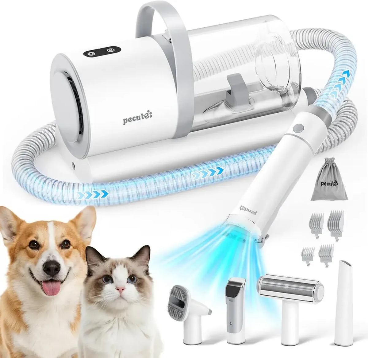 Aspirapolvere Professionale 4 in 1 per Toelettatura Animali Pecute, 12000 Pa, Silenzioso (55 Db), Raccoglie 99.99% dei Peli, Portata 4m, Contenitore 1.5L