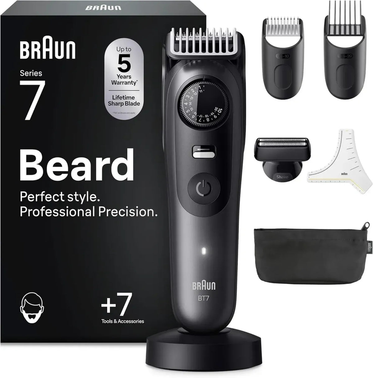 Rasoio Elettrico Uomo Braun Series 7, Kit 7 Accessori, Lame Affilate ProBlade, Autonomia 120 Min, Impermeabile, Regolazione Precisione 40 Lunghezze, Modello BT7525, Colore Grigio
