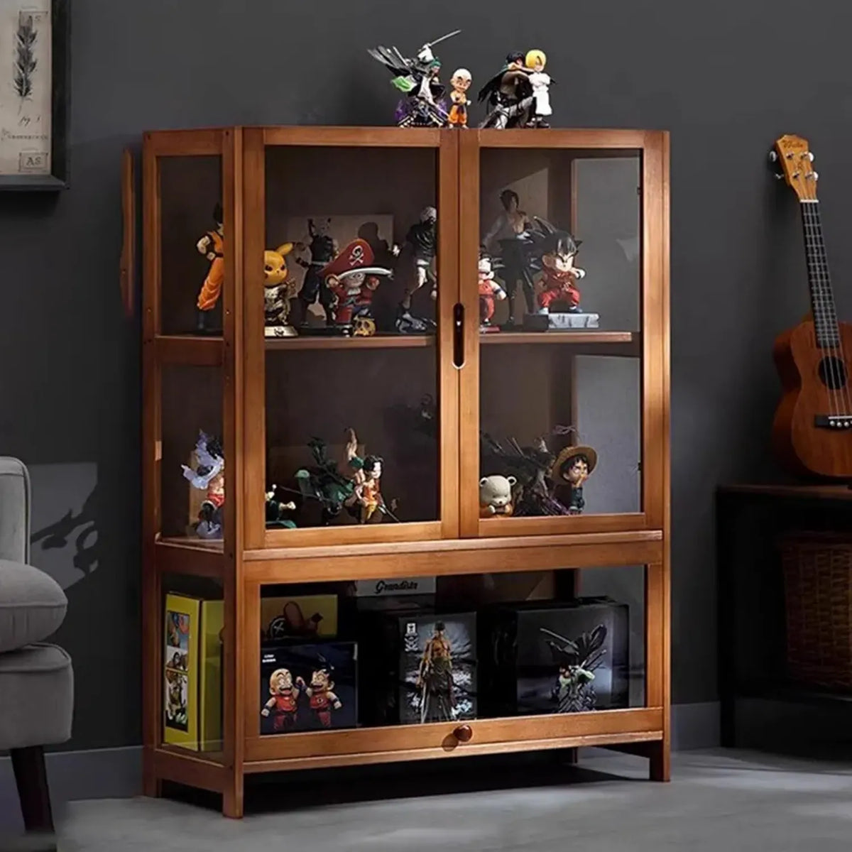 Credenza in Vetro e Bambù, Mobile Antico con Ante, Design Versatile, Spazio di Archiviazione 65x32x106 cm