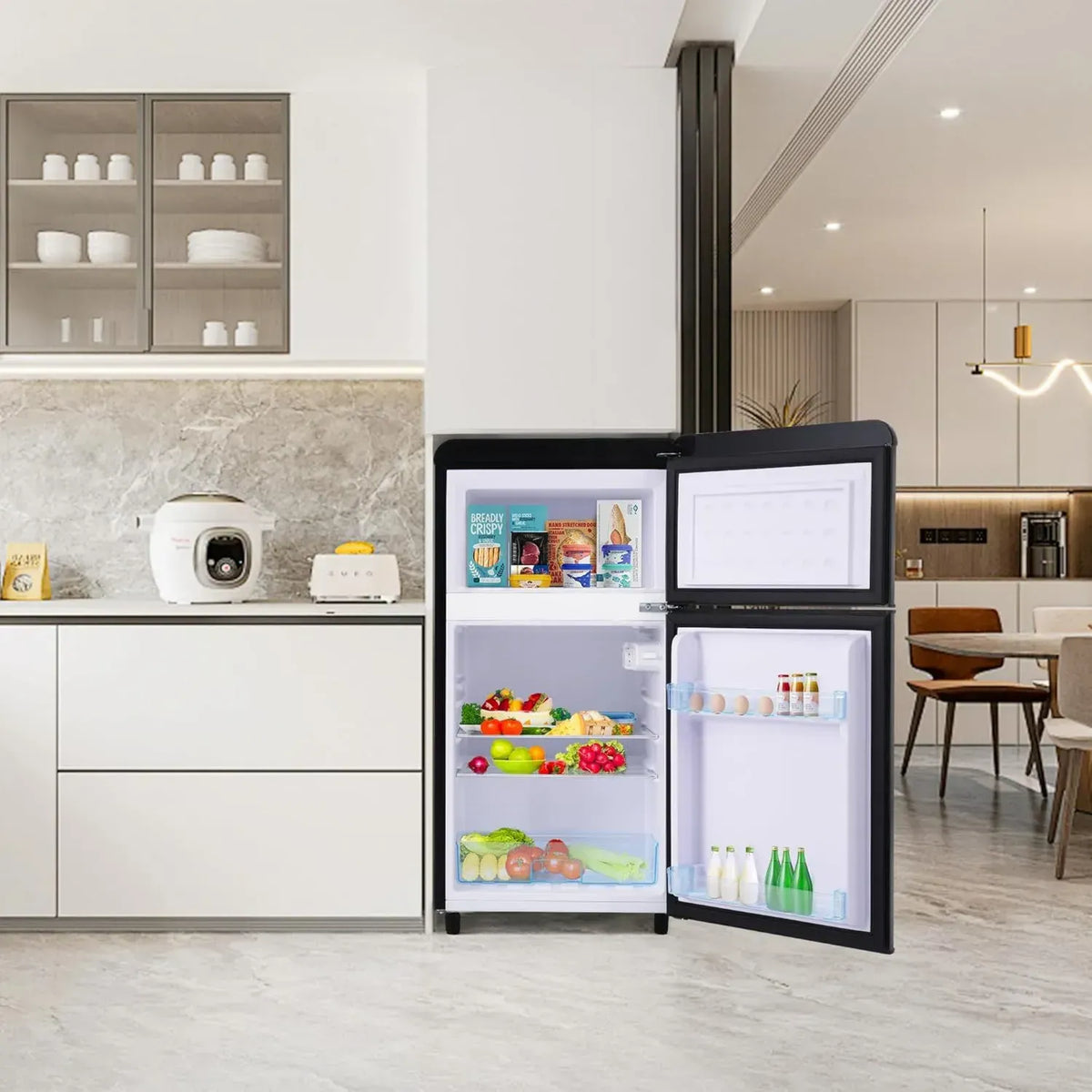 Frigorifero Retrò 72L, Doppia Porta, Congelatore 21L, Classe E, 39dB, Silenzioso e Compatto, Nero Multicolore, Ripiani Regolabili