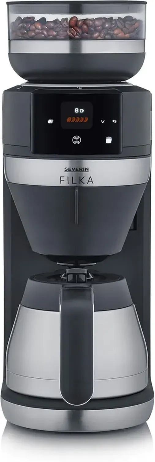 Severin Macchina per Caffè Americano 5-in-1 con Display LED e Macinacaffè, Caraffa Termica Inclusa, Nero/Acciaio Inox