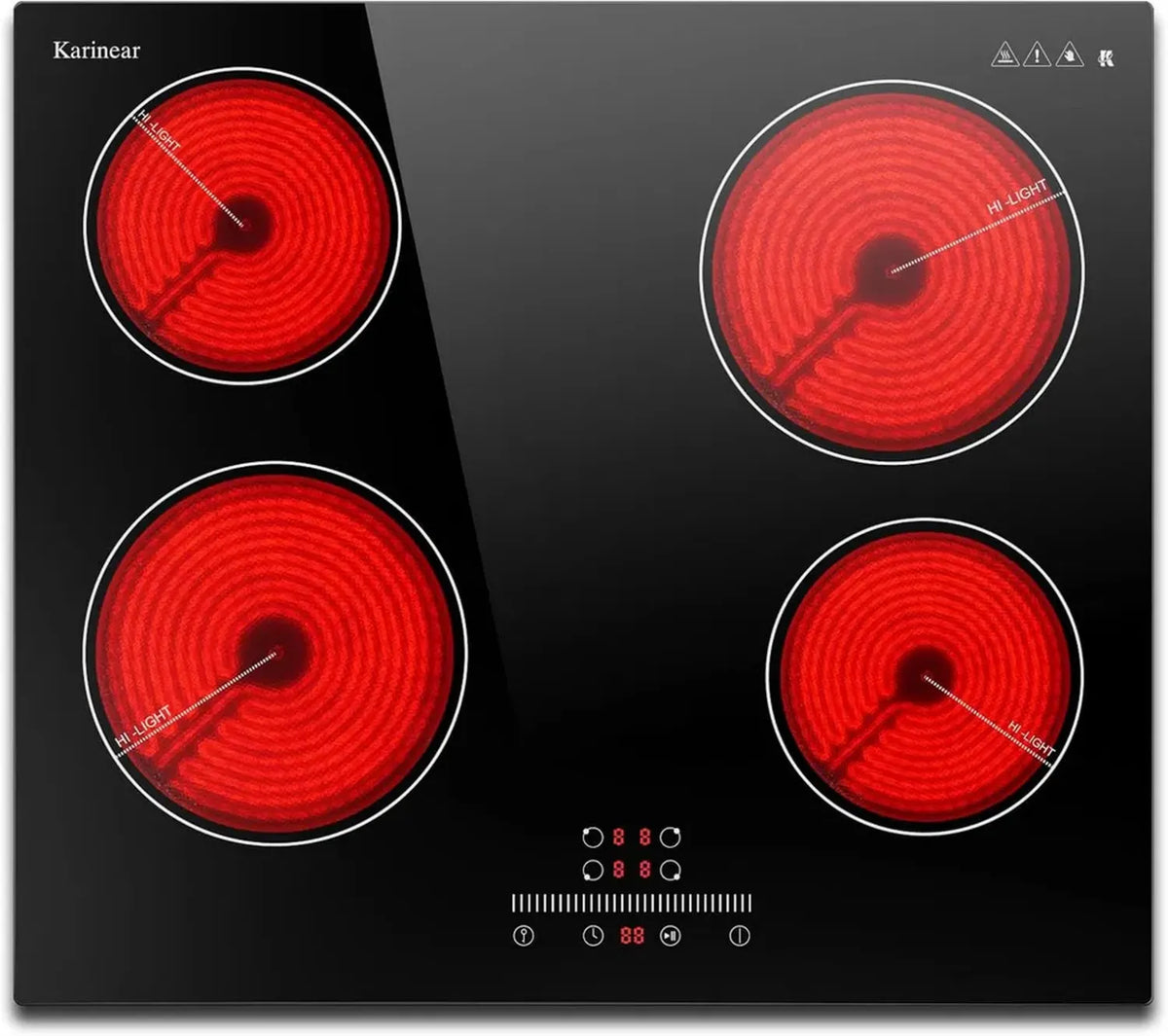 Piano Cottura Elettrico 4 Zone, 60cm Vetroceramica Incasso, 6000W con Sicurezza Bambini e Timer