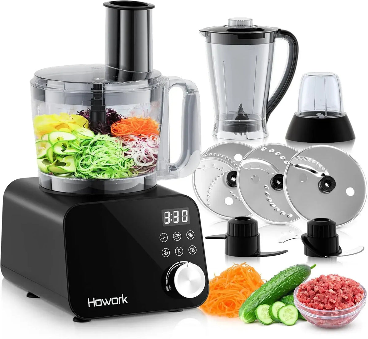 Robot da Cucina Howork 1500W, Capienza XL, Funzioni Tritare, Affettare, Frullare e Impastare, Acciaio Inox Nero